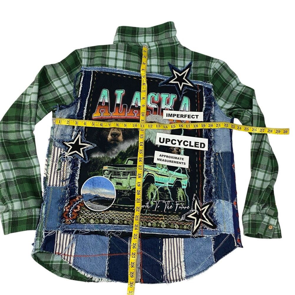 Upcycled Flannel Shirt Shacket Womens Large Alaska Grunge Patchwork Folk Art - Picture 3 of 16